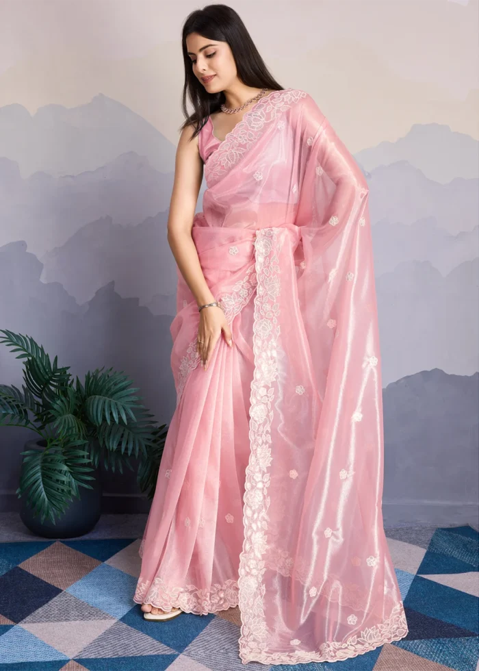 Baby Pink Embroidered Net Scalloped Saree