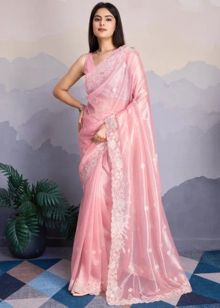 Baby Pink Embroidered Net Scalloped Saree