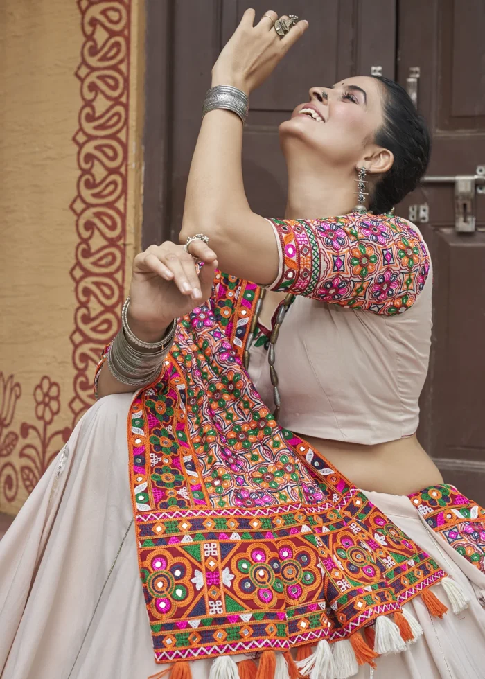 Beige Lehenga Choli with Mirror Work