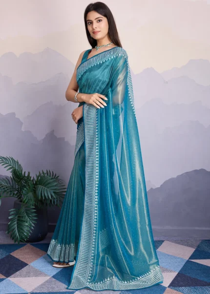 Blue Net Saree with Embroidery and Stone Work