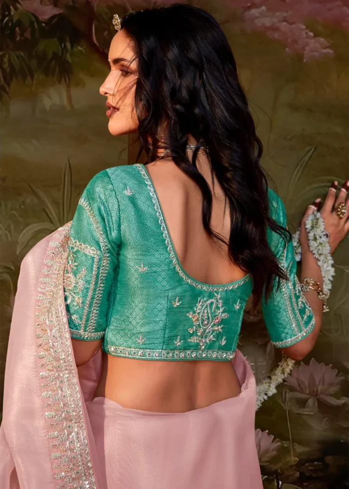 Blush Pink Embroidered Organza Saree with Green Blouse