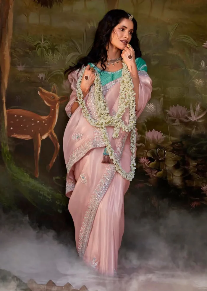 Blush Pink Embroidered Organza Saree with Green Blouse