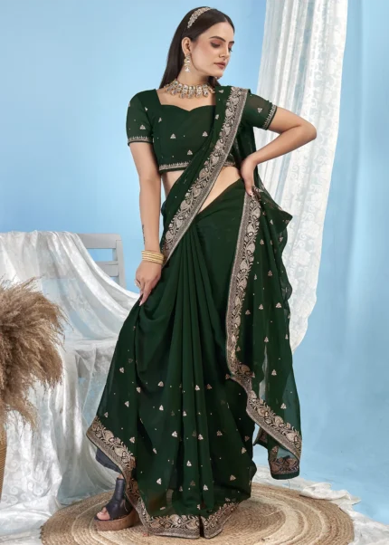 Bottle Green Embroidered Georgette Saree