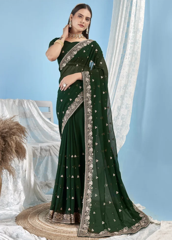 Bottle Green Embroidered Georgette Saree