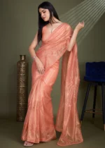 Coral Peach Embroidered Net Scalloped Saree