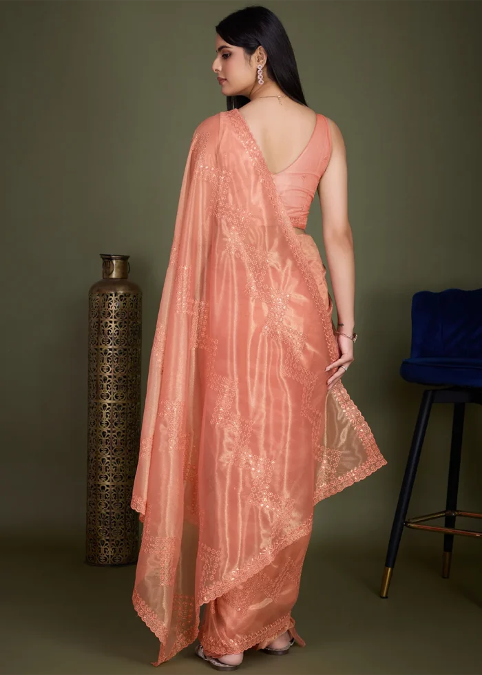 Coral Peach Embroidered Net Scalloped Saree