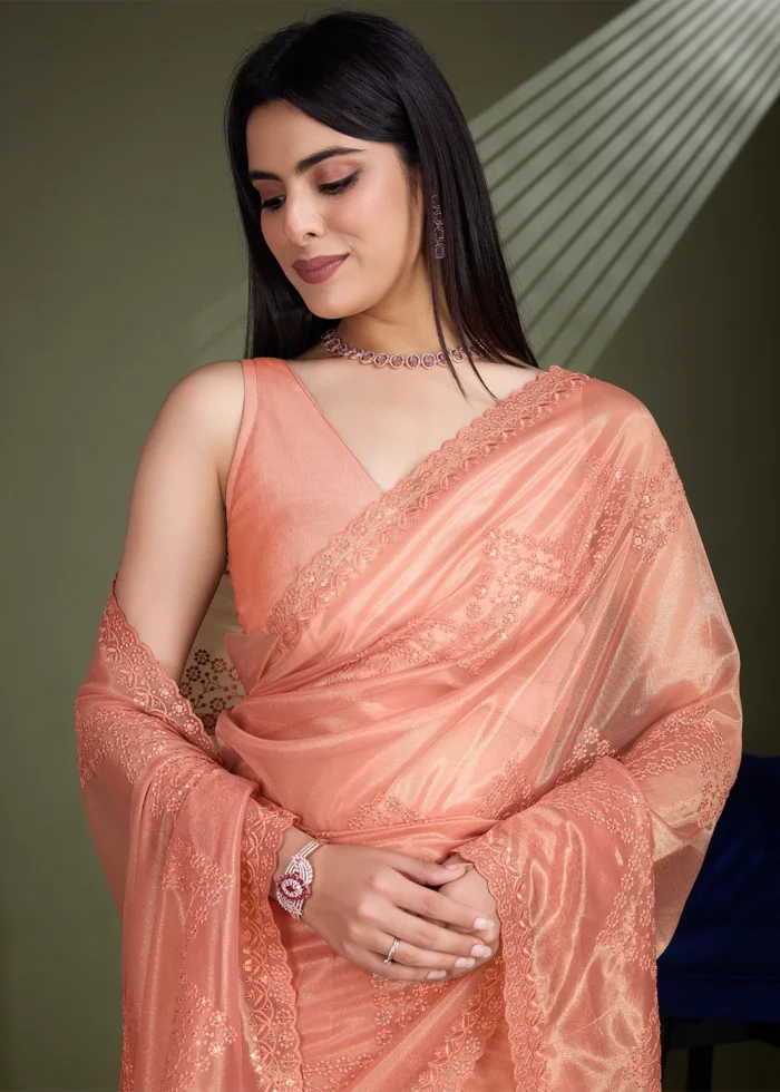 Coral Peach Embroidered Net Scalloped Saree