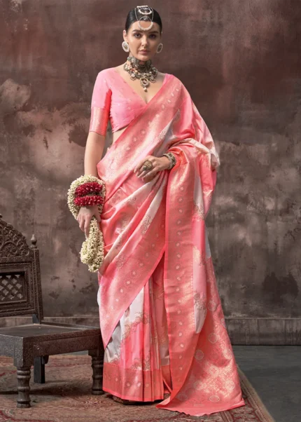 Coral Peach Rangkaat Handloom Banarasi Saree