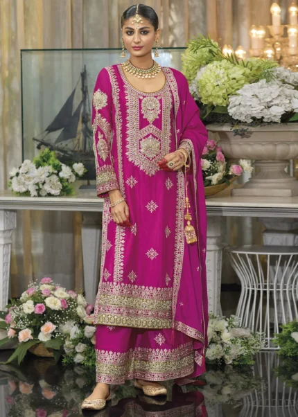 Embroidered Fuchsia Palazzo Suit