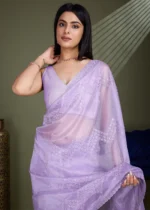 Lavender Embroidered Net Scalloped Saree