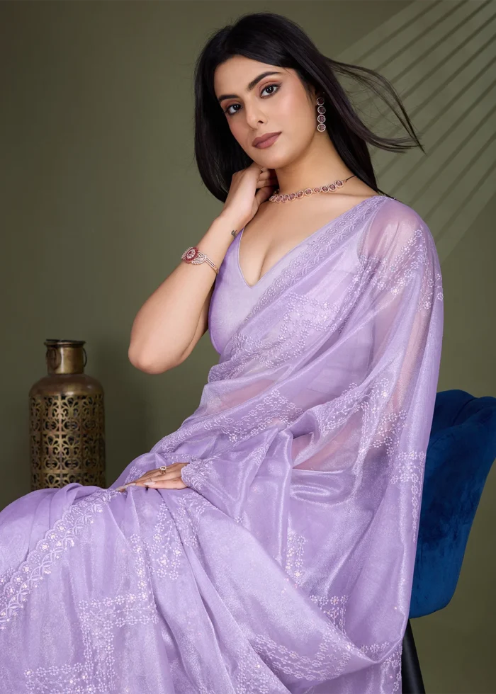 Lavender Embroidered Net Scalloped Saree