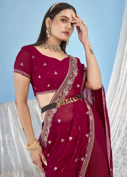 Magenta Embroidered Georgette Saree