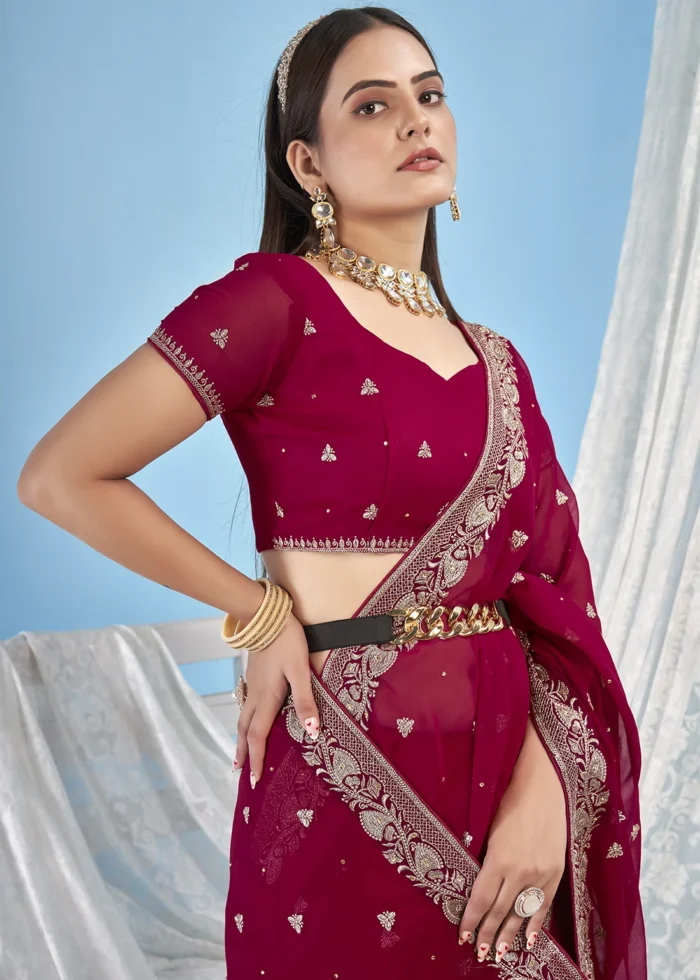 Magenta Embroidered Georgette Saree