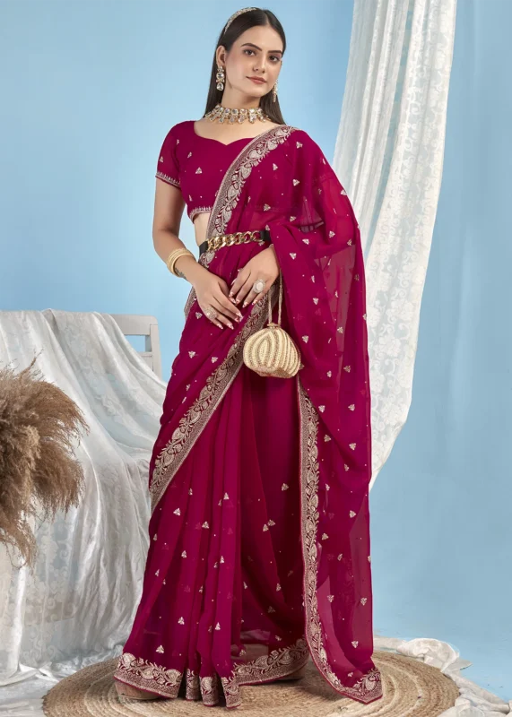 Magenta Embroidered Georgette Saree