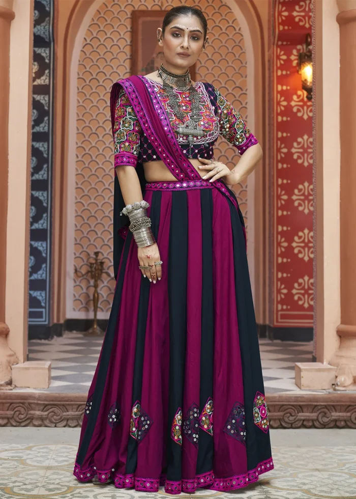 Magenta and Black Lehenga Choli with Mirror Work