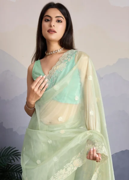 Mint Green Embroidered Net Scalloped Saree