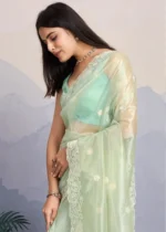 Mint Green Embroidered Net Scalloped Saree