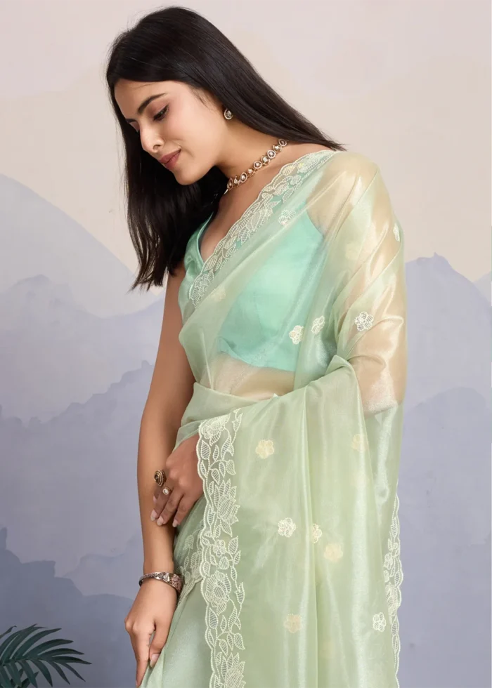 Mint Green Embroidered Net Scalloped Saree