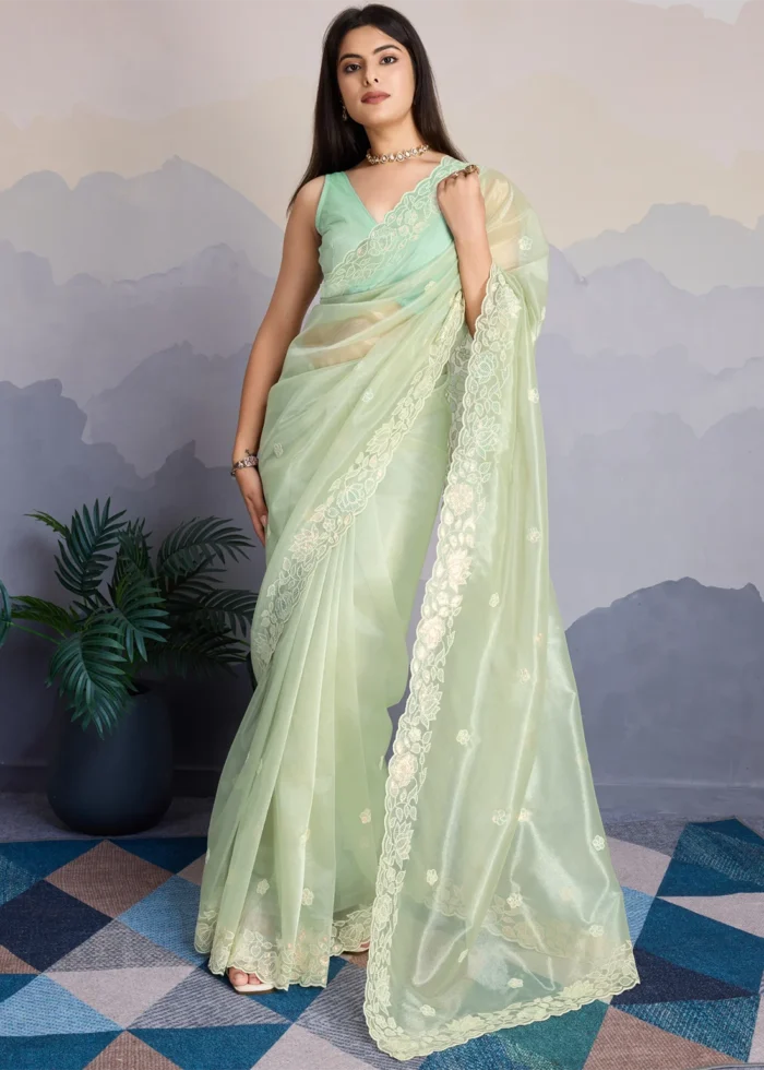 Mint Green Embroidered Net Scalloped Saree