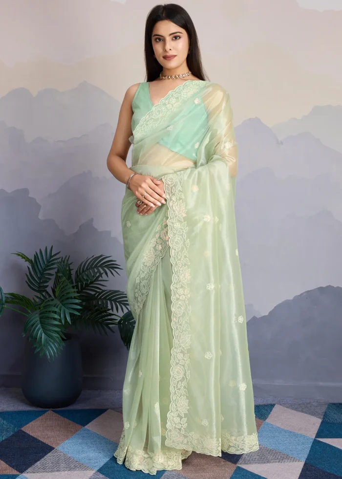 Mint Green Embroidered Net Scalloped Saree