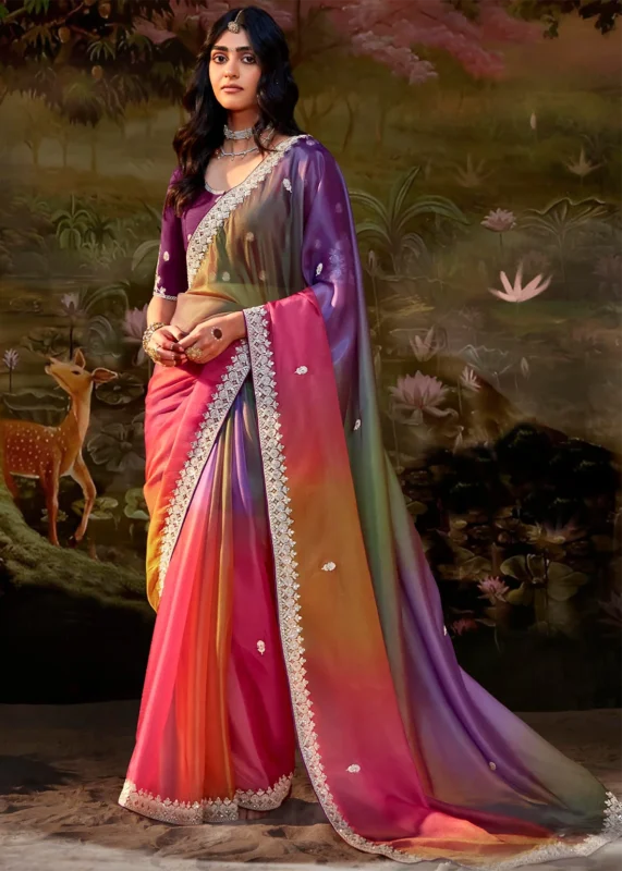 Multicolor Embroidered Organza Saree