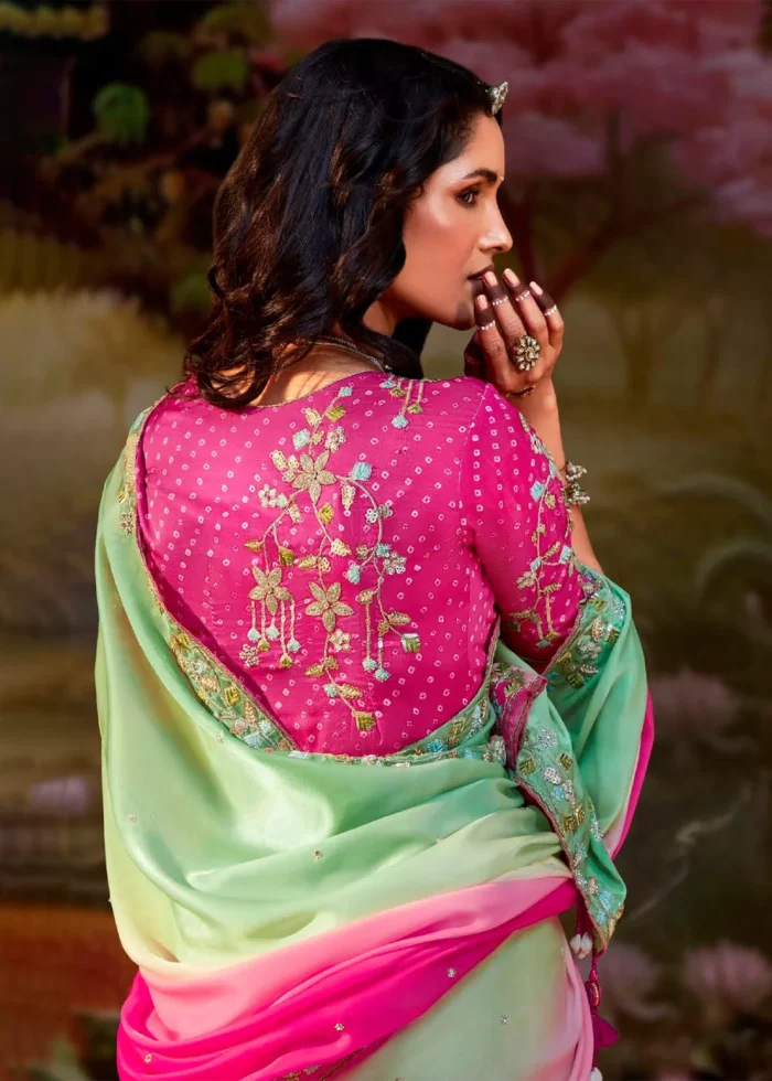 Multicolor Embroidered Organza Saree with Pink Blouse