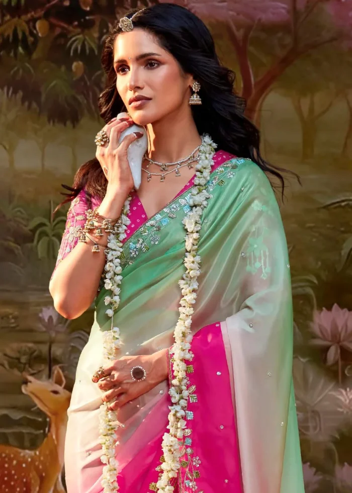 Multicolor Embroidered Organza Saree with Pink Blouse