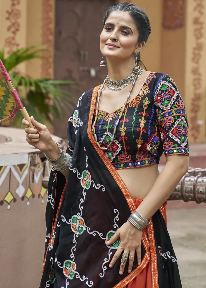 Orange Lehenga Choli with Mirror Work