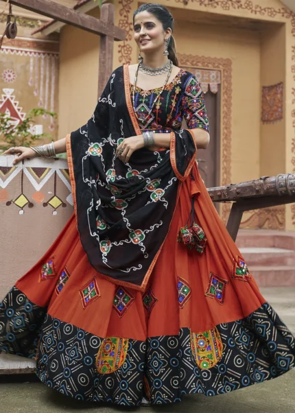 Orange Lehenga Choli with Mirror Work