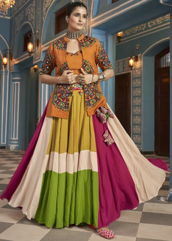 Orange Multicolor Lehenga Choli with Mirror Work