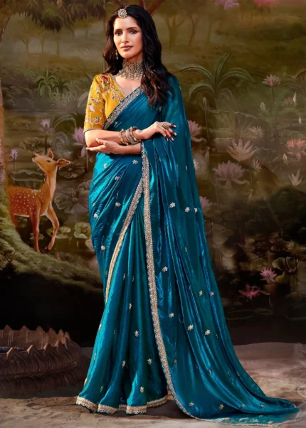 Peacock Blue Embroidered Organza Saree with Yellow Blouse