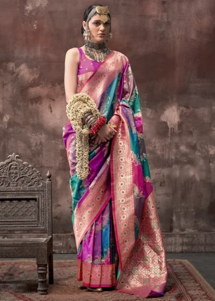 Pink Multicolor Rangkaat Handloom Banarasi Saree