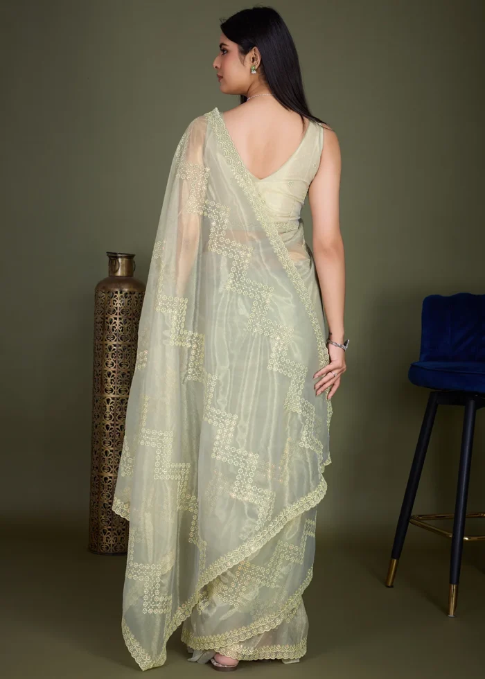 Pista Green Embroidered Net Scalloped Saree