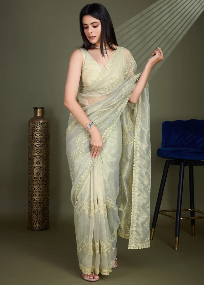 Pista Green Embroidered Net Scalloped Saree