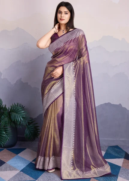 Purple Net Saree with Embroidery and Stone Work