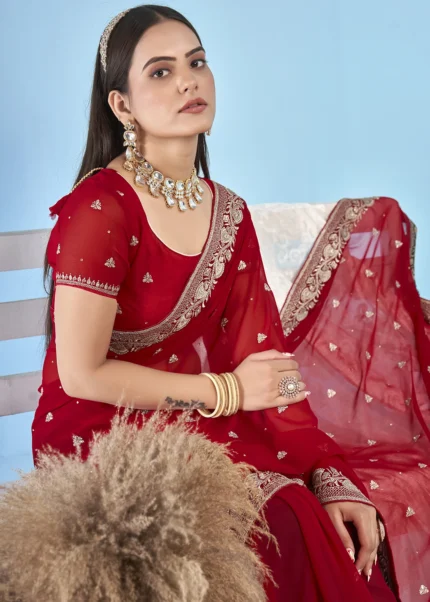 Red Embroidered Georgette Saree