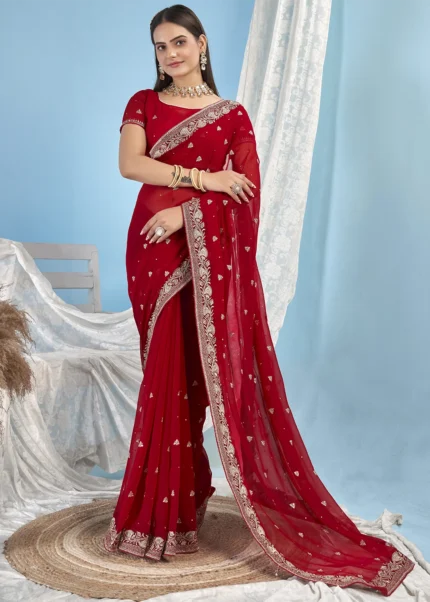 Red Embroidered Georgette Saree