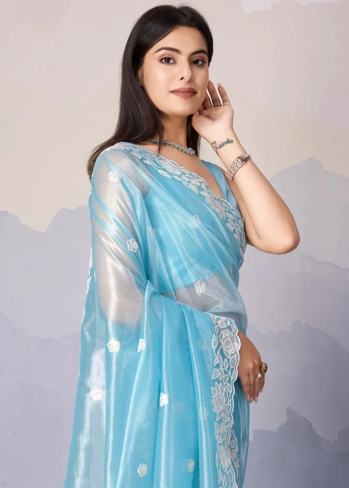 Sky Blue Embroidered Net Scalloped Saree