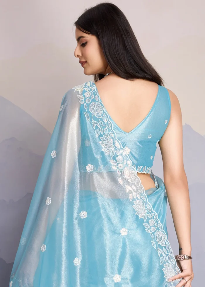 Sky Blue Embroidered Net Scalloped Saree