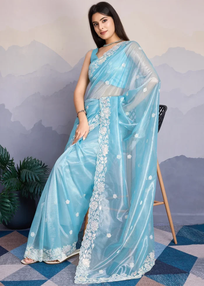 Sky Blue Embroidered Net Scalloped Saree