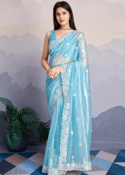 Sky Blue Embroidered Net Scalloped Saree