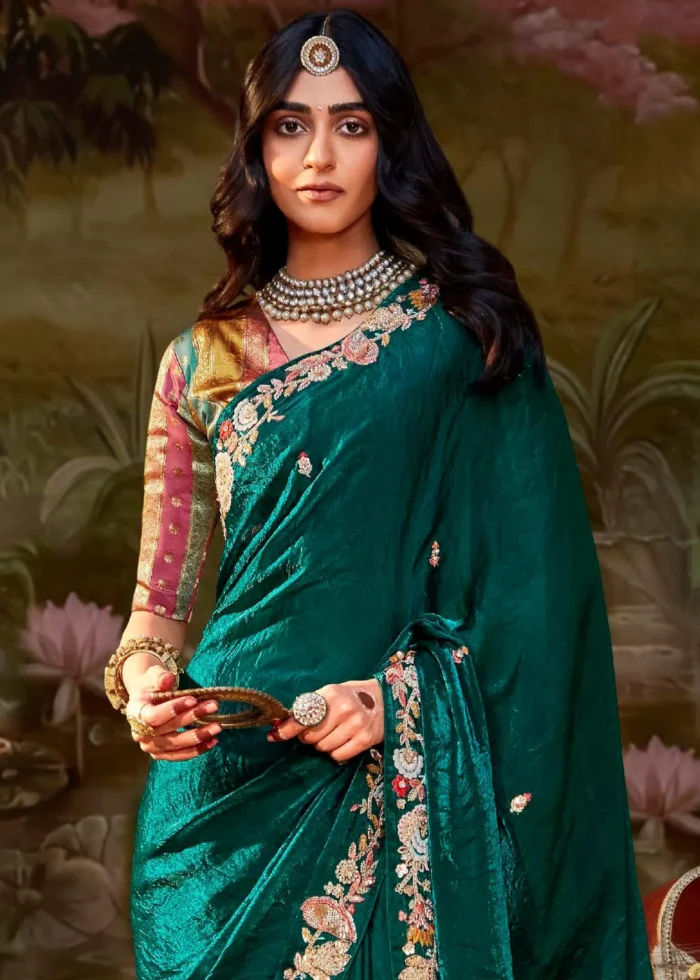 Teal Embroidered Organza Saree with Brocade Blouse