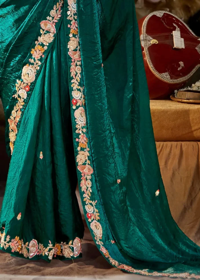 Teal Embroidered Organza Saree with Brocade Blouse