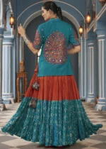 Teal and Orange Lehenga Choli with Mirror Work