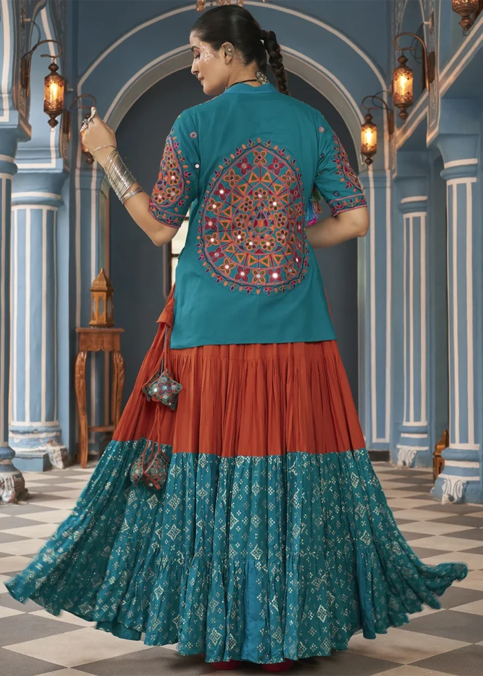 Teal and Orange Lehenga Choli with Mirror Work