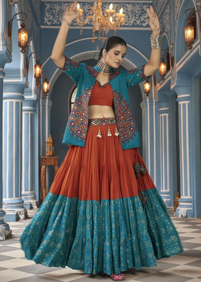 Teal and Orange Lehenga Choli with Mirror Work