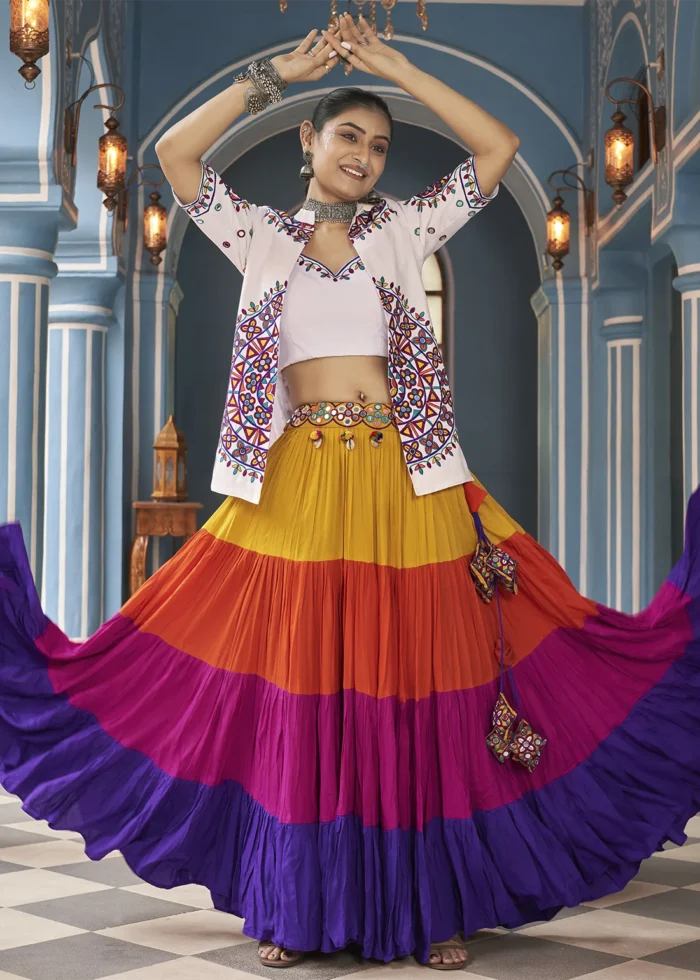 White Multicolor Lehenga Choli with Mirror Work