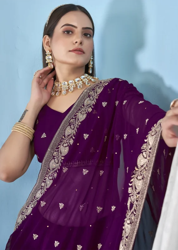 Wine Embroidered Georgette Saree