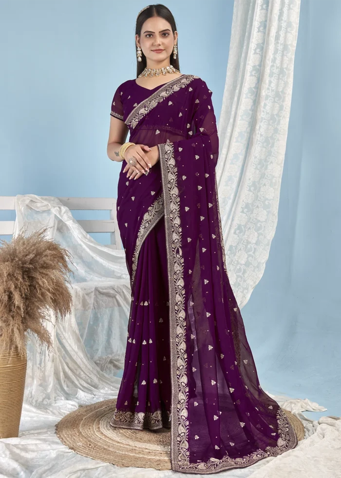 Wine Embroidered Georgette Saree