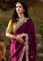 Wine Embroidered Organza Saree with Yellow Blouse